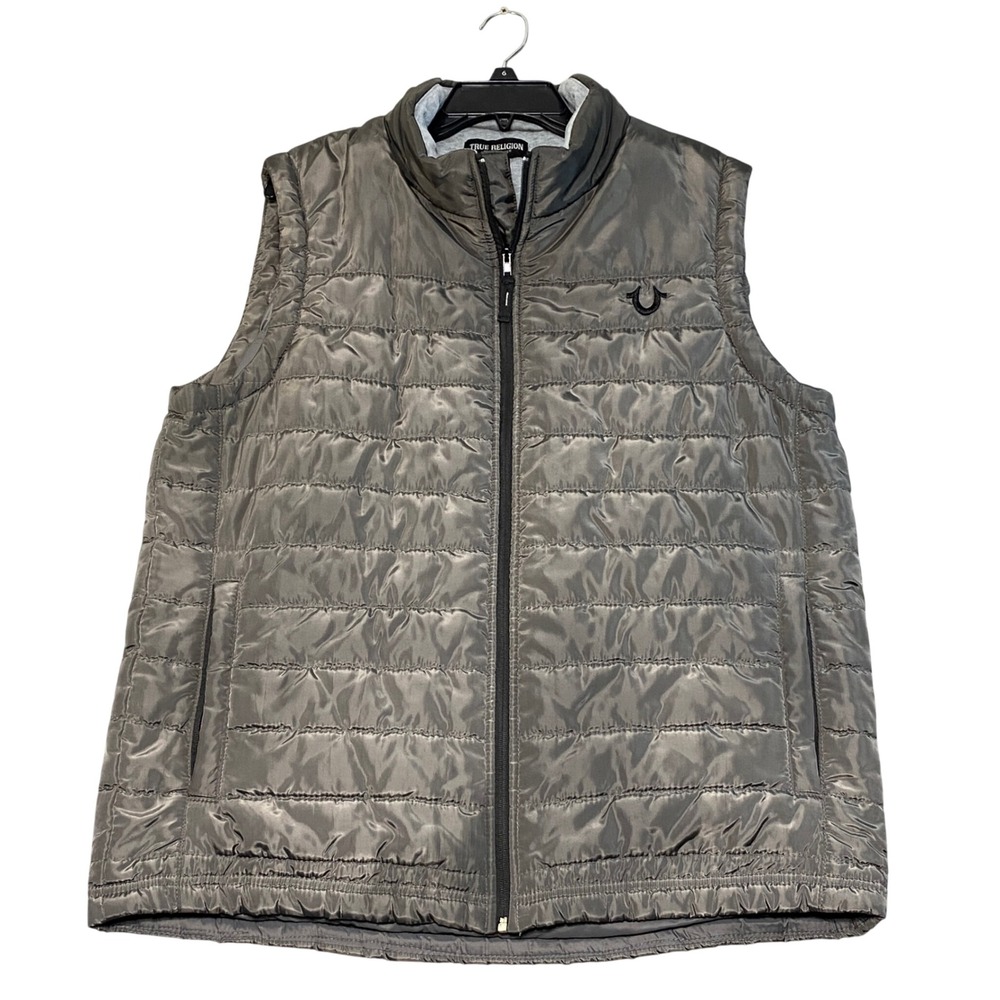 True Religion Mens Puffer Vest Charcoal Grey Quilted‎ Full Zip Horseshoe Logo L